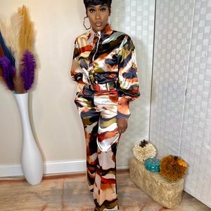 Satin brown multi color pants Set